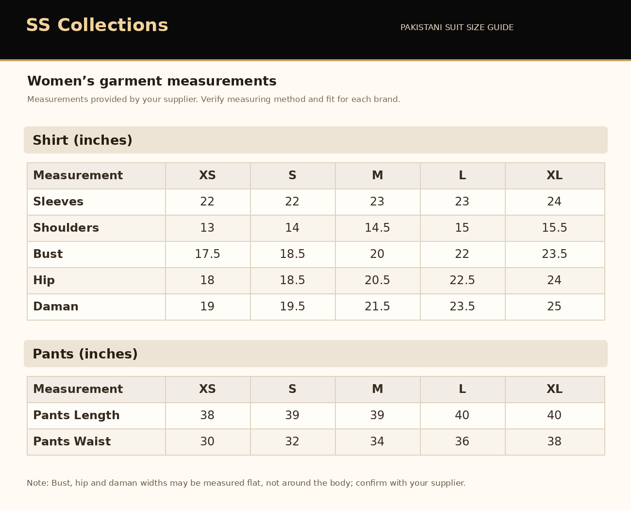 Pakistani suit size guide. Shirt and pants garment measurements for sizes XS to XL, provided by supplier; confirm whether widths are measured flat.